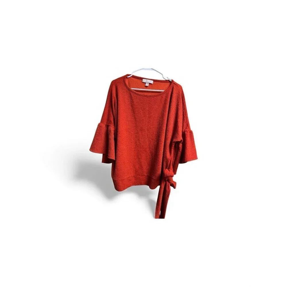 MICHAEL Michael Kors Womens 2X Rust Textured Bell Sleeve Side Tie Blouse Top